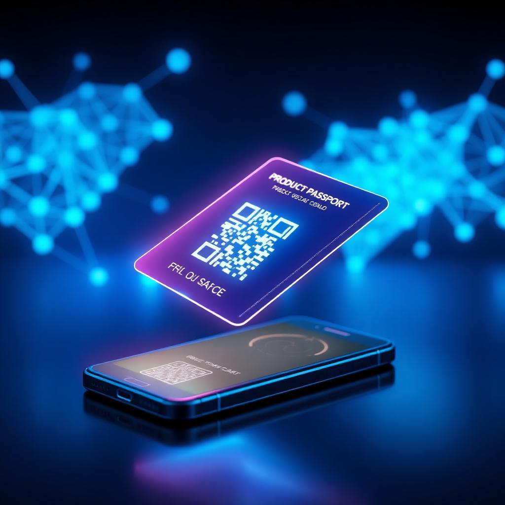 A glowing digital product passport floating above a smartphone